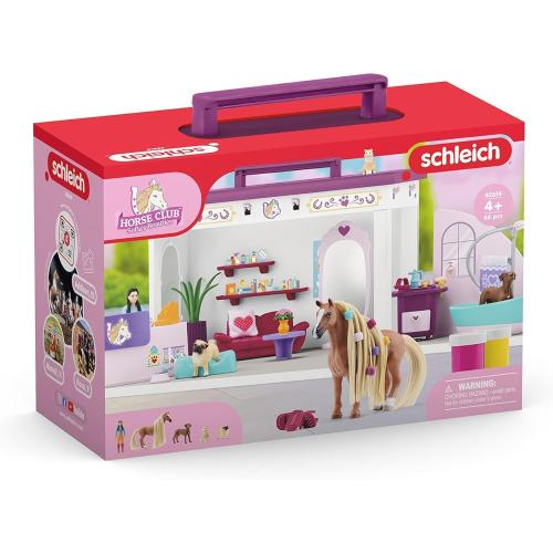 Schleich® 42614 Horse Club - Beautysalon - 66-Teiliges Spielset Inkl. Pferd mit Mähne, Tierpflegerin, Welpe und Tiersalon plus Zubehör