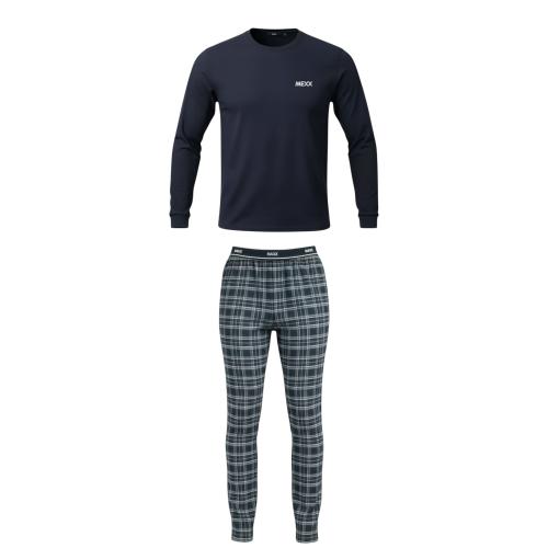 Preview: MEXX 194020 Herren Pyjama Schlafanzug Lang Rundhals Navy/Karriert DIVERSE Größen