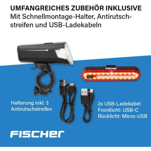 Fischer Fahrrad Beleuchtungs-Set 80/40/20 Lux, Akku-Leuchtenset Stop, Front- und Rückleuchte, mit Akku und USB-Ladefunktion