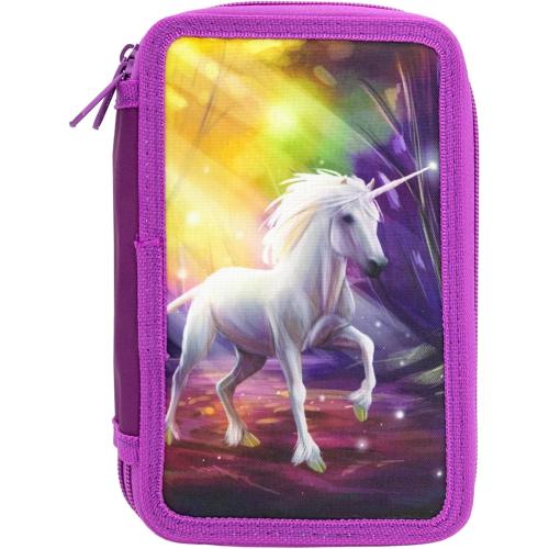 Idena 20126 - Federmappe Triple mit 3 Reißverschluss-Fächern, Design EINHORN, gefülltes Federmäppchen mit 47 Teilen, LILA