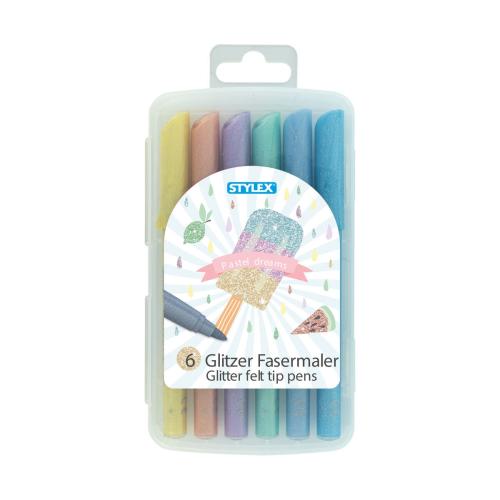 Stylex 64017 - Glitzer Fasermaler, Pastel Dreams, 6 Farben in wiederverschließbarer Box, zum Malen, Basteln und Zeichnen