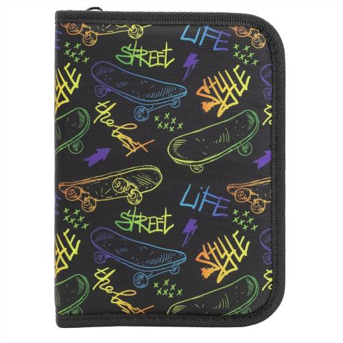 idena 2.2911 Schüler-Etui,28tlg.Federmappe mit Reißverschluss, Design SCHWARZ - SKATEBOARD