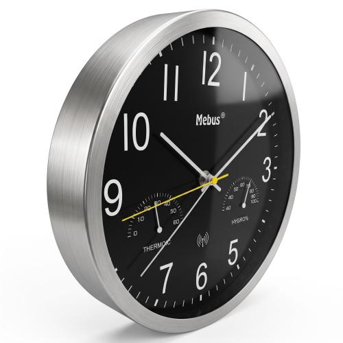 Preview: Mebus 12865 Funkwanduhr mit Thermometer und Hygrometer Aluminium-Rahmen Silber/SCHWARZ