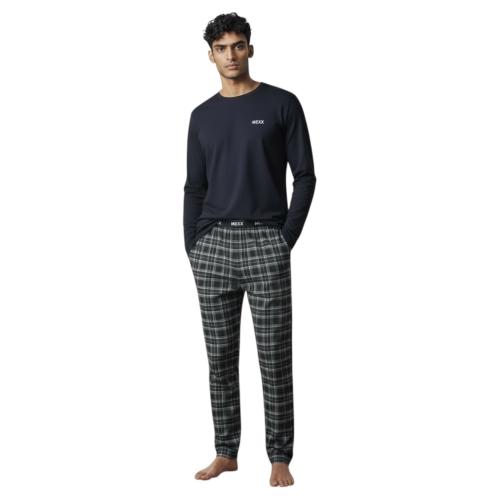 Preview: MEXX 194020 Herren Pyjama Schlafanzug Lang Rundhals Navy/Karriert DIVERSE Größen