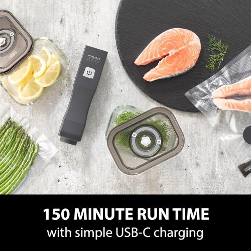 CASO Vacu OneTouch Eco-Set, Handvakuumierer inkl. 3 Vakuumbehälter aus Glas, 10 ZIP-Beutel und Food Manager Sticker, kabellos, bis zu 150 Minuten Laufzeit, aufladbar