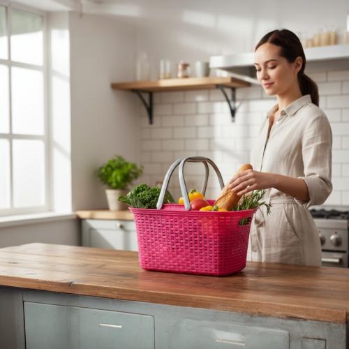 Preview: Rival Einkaufskorb Rattan 18 Liter mit Henkel - BEERE-ROSA