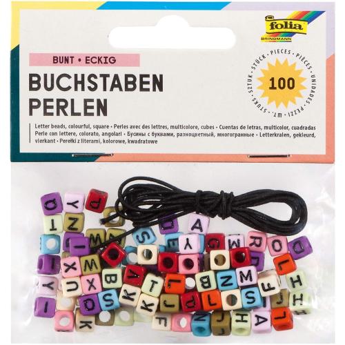 folia 33903 - Buchstaben Perlen BUNT - ECKIG, 100 Stück,ca. 6 x 6 mm groß, mit Loch zum Auffädeln