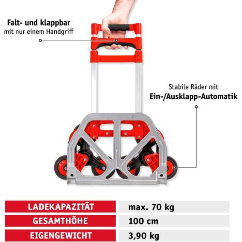 Preview: WALTER Stufen- & Treppentransportkarre - Leicht (3,90 kg), klappbar, mit 2 x 3 Sternrädern aus Kunststoff, inkl. Spanngummi, Ladekapazität 70kg, Alu-Guss Schaufel