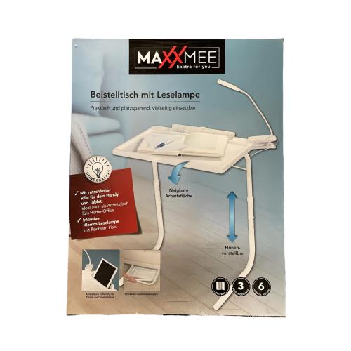 MAXXMEE Beistelltisch mit Klemmlampe | 3 individuelle Neigungswinkel, 6 Verschiedene Höheneinstellungen | Beistelltisch in praktischem L-Design | Mit klemmbarer Leselampe, dimmbar [weiß]