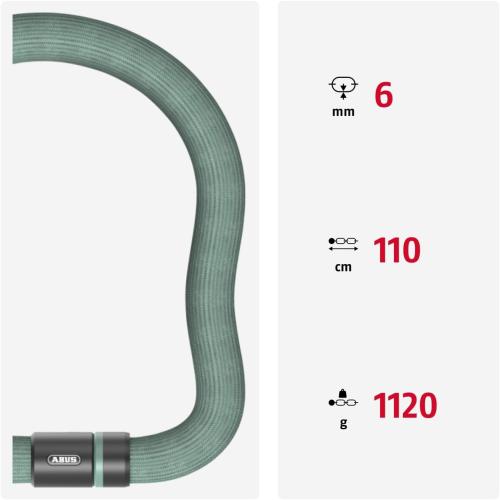 Preview: ABUS Kettenschloss Goose Lock – biegsames, klapperfreies Fahrradschloss aus gehärtetem Stahl – 6 mm stark – 110 cm lang – mit Schlüssel – Hellgrün