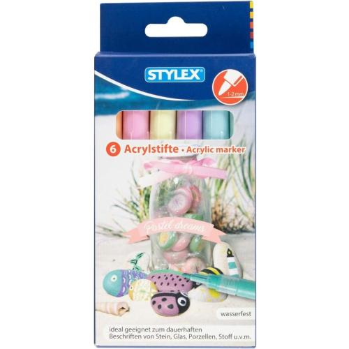 Stylex 32818 - Acrylstifte, Pastel, 6 Stück, Strichstärkte 1 - 2 mm