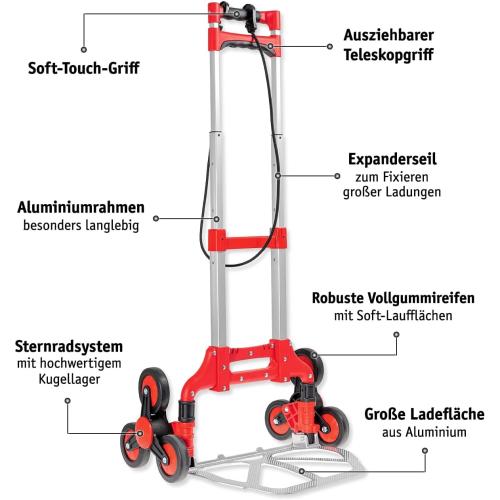 Preview: WALTER Stufen- & Treppentransportkarre - Leicht (3,90 kg), klappbar, mit 2 x 3 Sternrädern aus Kunststoff, inkl. Spanngummi, Ladekapazität 70kg, Alu-Guss Schaufel
