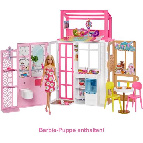 Mattel HHY40 Barbie-Puppenhaus mit 4 Spielbereichen, komplett eingerichtet mit Barbie-Accessoires & Möbeln, 360° drehbar, klappbar, ohne Barbie-Puppe