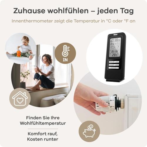 MEBUS funkgesteuerte Wetterstation mit Außensensor, Thermometer/Hygrometer, Funkuhr, Wohlfühlindikator Raumklima, Wettervorhersage mit Symbolen, Mondkalender, Wecker, Farbe: Schwarz