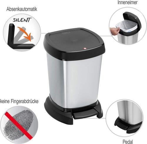 Rotho Paso Mülleimer 6l für das Bad mit Deckel, Kunststoff (PP) BPA-frei, silber metallic, 6l (23,4 x 21,9 x 29,2 cm)