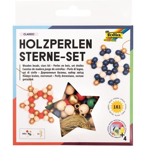 folia 22521 - Holz-Perlen Sterne Set "Classic", Bastelset mit 160 Holzkugeln und einer goldenen Schnur zum Auffädeln, zum Basteln von Sternen und Anhängern
