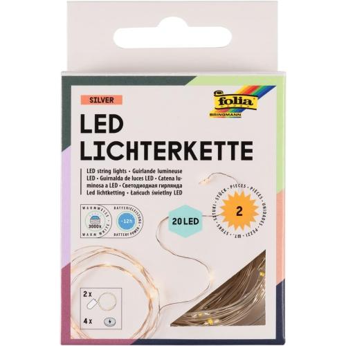 folia 986 - 2x Micro-LED Lichterkette mit je 20 LEDs in Warmweiß, ca. 2,20 m lange LED Beleuchtung aus Silberdraht, inkl. 4 Batterien