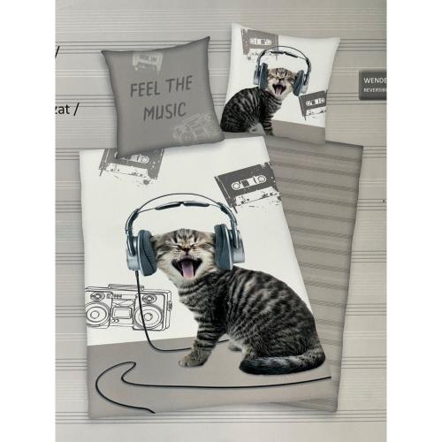 HERDING Renfoce-Bettwäsche 135 x 200 cm +  Kopfkissenbezug 80 x 80 cm Wende Motiv KATZE/KOPFHÖRER