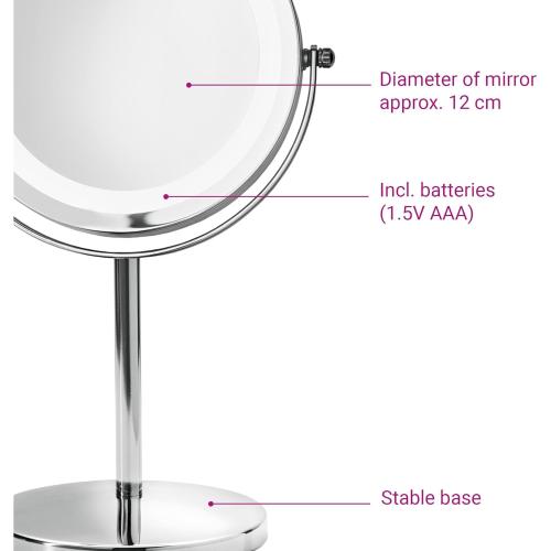 medisana CM 840 Kosmetikspiegel mit LED-Beleuchtung, 5-facher Vergrößerung, 360° schwenkbar, Silber, 31,5 x 20,5 cm