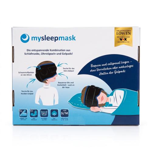 Preview: mysleepmask Schlafmaske inklusive 2 Ohrstöpseln und 2 Gelpads, Kopfumfang circa 54-58 cm, S/M