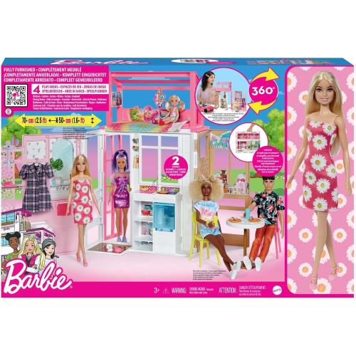 Mattel HHY40 Barbie-Puppenhaus mit 4 Spielbereichen, komplett eingerichtet mit Barbie-Accessoires & Möbeln, 360° drehbar, klappbar, ohne Barbie-Puppe
