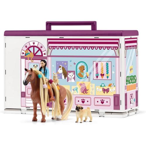 Schleich® 42614 Horse Club - Beautysalon - 66-Teiliges Spielset Inkl. Pferd mit Mähne, Tierpflegerin, Welpe und Tiersalon plus Zubehör