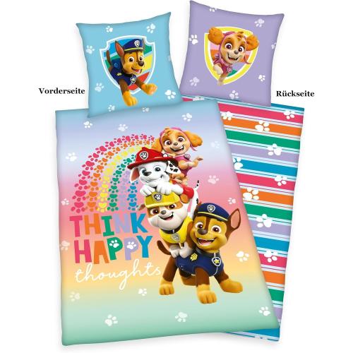 Herding Bettwäsche-Set, PAW PATROL TEAM Think Happy, Wendemotiv, Kopfkissenbezug 80 x 80 cm, Bettbezug 135 x 200 cm BLAU