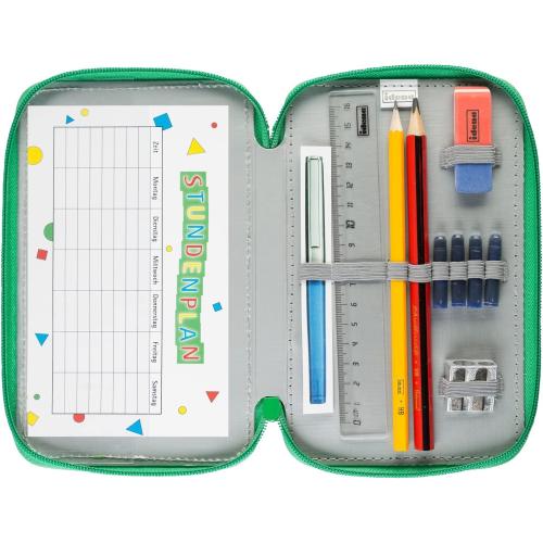 Idena 20118 - Federmappe Triple mit 3 Reißverschluss-Fächern, Design DINOSAURIER, gefülltes Federmäppchen mit 47 Teilen, GRÜN