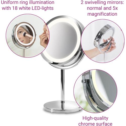 medisana CM 840 Kosmetikspiegel mit LED-Beleuchtung, 5-facher Vergrößerung, 360° schwenkbar, Silber, 31,5 x 20,5 cm