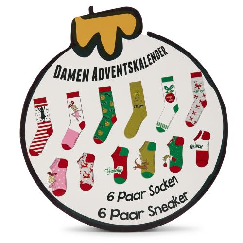 Preview: The GRINCH - DAMEN Adventskalender 12 Paar Socken 35-41 ( 6 Paar Socken & 6 Paar Sneaker ) Style - ROT - VERPACKUNGSSCHADEN