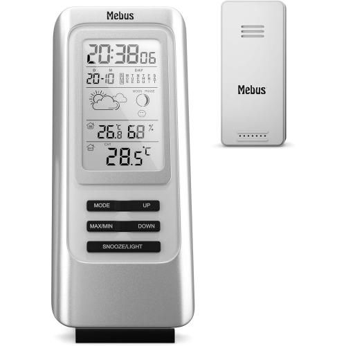 Mebus Funk-Wetterstation mit Außensensor, Thermometer/Hygrometer, Wohlfühlindikator Raumklima, Wettervorhersage mit Symbolen, Farbe: SILBER