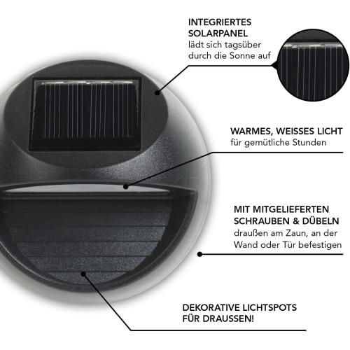MAXXMEE 4 Solar-Outdoor-Leuchten IP44 | 4 warme, weiße Leuchten für Zäune, Wände, Türen
