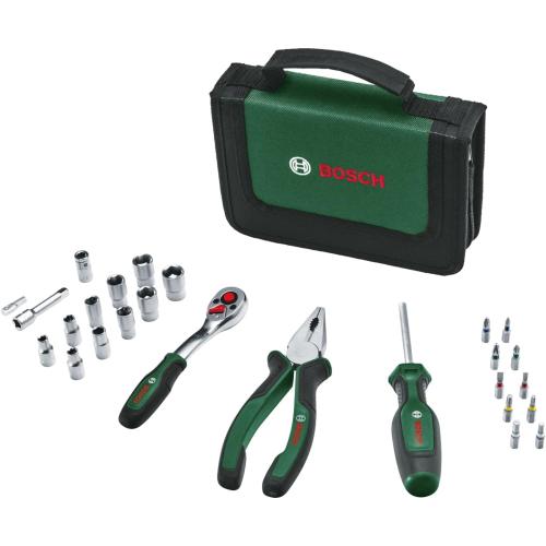 Bosch Mobility-Handwerkzeug-Set, 26-teilig (kompaktes und mobiles Werkzeug-Set für Heimwerkerarbeiten und unterwegs; 1/4"-Ratsche; Kombizange; Universalschraubendreher; in Stofftasche