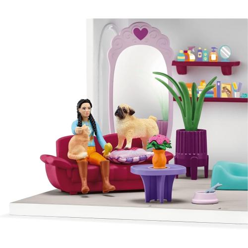 Schleich® 42614 Horse Club - Beautysalon - 66-Teiliges Spielset Inkl. Pferd mit Mähne, Tierpflegerin, Welpe und Tiersalon plus Zubehör