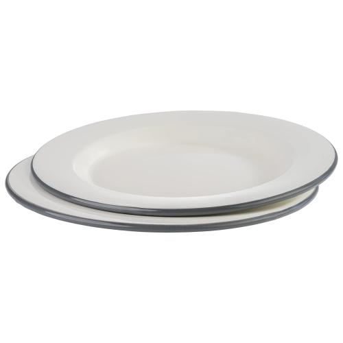 APS Flache Teller 2er Set -EMAILLE- Ø 26 cm, H: 2 cm, emailliertem Stahl, Farbe: cremeweiß mit grauem Rand