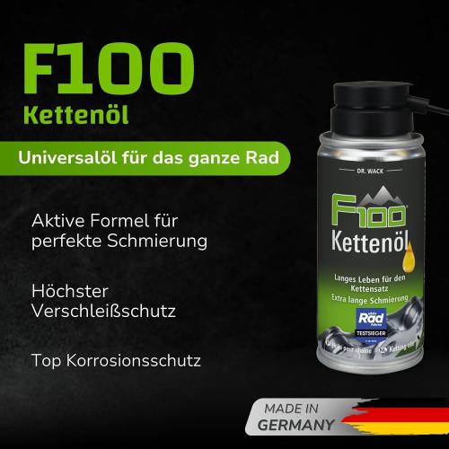 Preview: DR. WACK F100 Kettenöl für Fahrrad 100 ml - Kettenschmiermittel für weniger Verschleiß & Reibung - Sprühdose