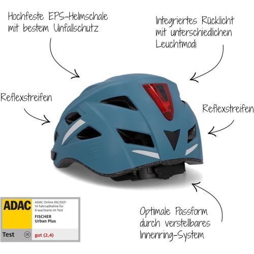 FISCHER Erwachsene Fahrradhelm Urban Plus Chicago Radhelm, Cityhelm mit integriertem LED-Rücklicht, Blau, L/XL, 58-61 cm 