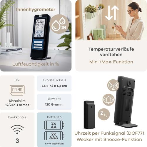 MEBUS funkgesteuerte Wetterstation mit Außensensor, Thermometer/Hygrometer, Funkuhr, Wohlfühlindikator Raumklima, Wettervorhersage mit Symbolen, Mondkalender, Wecker, Farbe: Schwarz