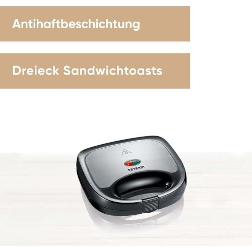 SEVERIN Sandwichmaker-Toaster für 2 Sandwiches, Dreieckige Sandwichtoasts, 600 W, Edelstahl-gebürstet-schwarz, SA 2969