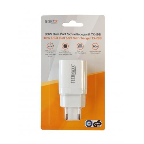 Technaxx 30W Dual Port Schnellladegerät TX-198  - 1xUSB-C, 1xUSB-A