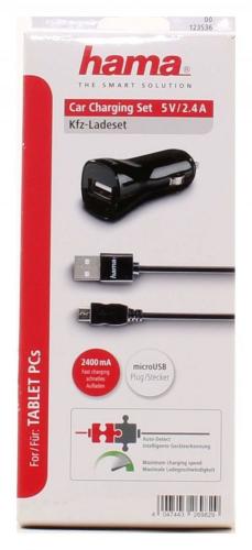 Hama USB KFZ Ladegerät mit Micro USB Kabel für mp3/Smartphone/Tablet, 2,4 A, schwarz