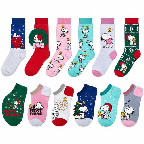 Preview: PEANUTS - DAMEN Adventskalender 12 Paar Socken 35-41 ( 6 Paar Socken & 6 Paar Sneaker ) Style - LILA