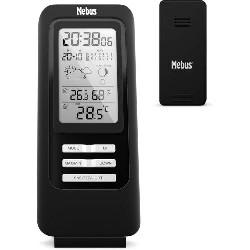 MEBUS funkgesteuerte Wetterstation mit Außensensor, Thermometer/Hygrometer, Funkuhr, Wohlfühlindikator Raumklima, Wettervorhersage mit Symbolen, Mondkalender, Wecker, Farbe: Schwarz