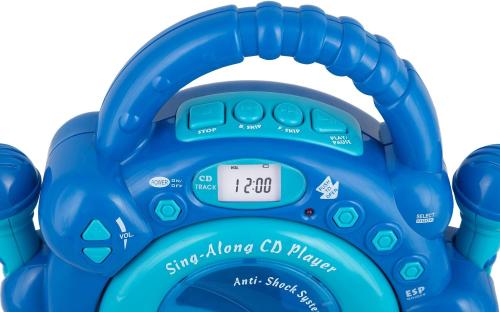Idena 40284 - CD Player Sing Along für Kinder, tragbar und batteriebetrieben, mit LED Display, Anti-Schock und zwei Mikrofonen für Karaoke, hellblau