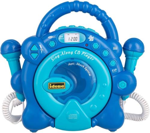 Idena 40284 - CD Player Sing Along für Kinder, tragbar und batteriebetrieben, mit LED Display, Anti-Schock und zwei Mikrofonen für Karaoke, hellblau