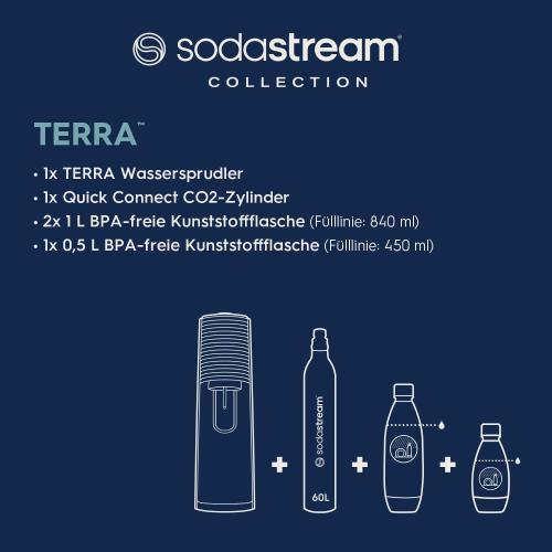 SodaStream Wassersprudler TERRA Vorteilspack mit CO2-Zylinder, 2x 1L spülmaschinenfeste Kunststoff-Flasche und 1x 0,5L spülmaschinenfeste Kunststoff-Flasche, Höhe 44cm, Schwarz
