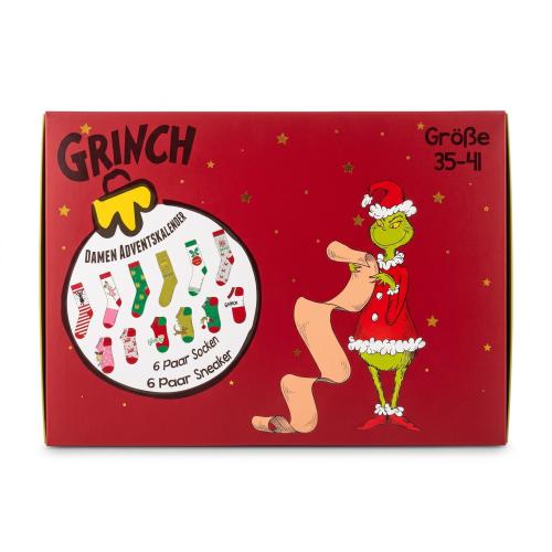Preview: The GRINCH - DAMEN Adventskalender 12 Paar Socken 35-41 ( 6 Paar Socken & 6 Paar Sneaker ) Style - ROT - VERPACKUNGSSCHADEN