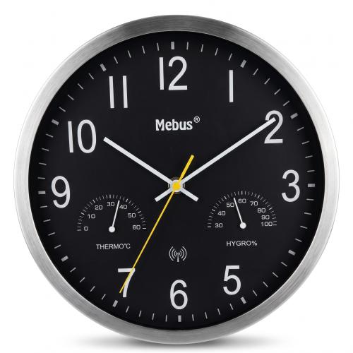 Preview: Mebus 12865 Funkwanduhr mit Thermometer und Hygrometer Aluminium-Rahmen Silber/SCHWARZ