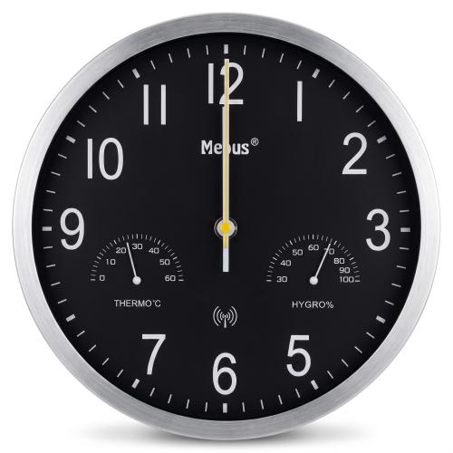 Mebus 12865 Funkwanduhr mit Thermometer und Hygrometer Aluminium-Rahmen Silber/SCHWARZ