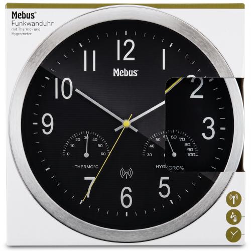 Preview: Mebus 12865 Funkwanduhr mit Thermometer und Hygrometer Aluminium-Rahmen Silber/SCHWARZ